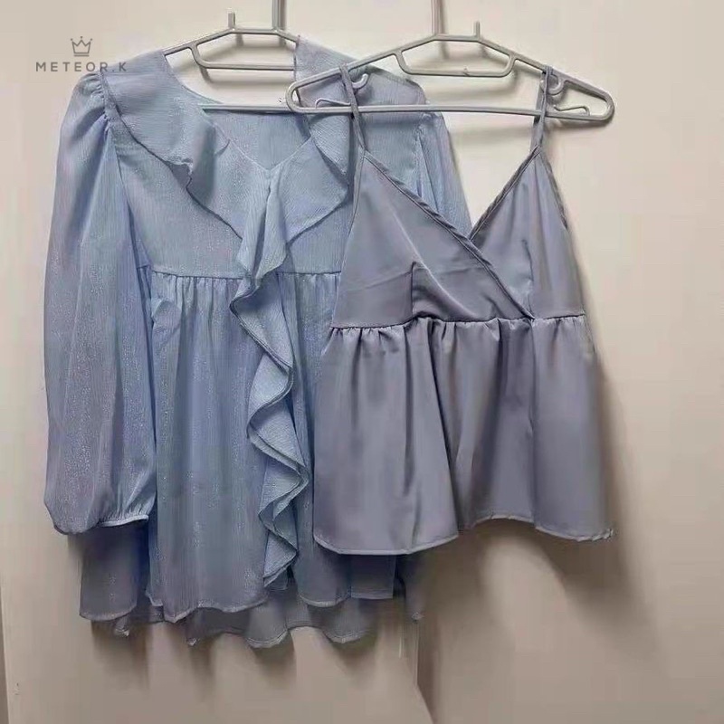 Áo Sơ Mi Chiffon Tay Dài Phối Bèo Kèm Áo Trong