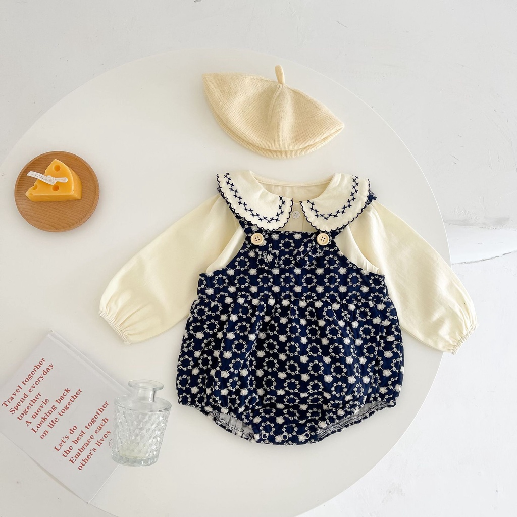 Bộ áo liền quần tam giác bằng cotton thêu họa tiết phong cách Hàn Quốc cho bé gái 0-3 tuổi