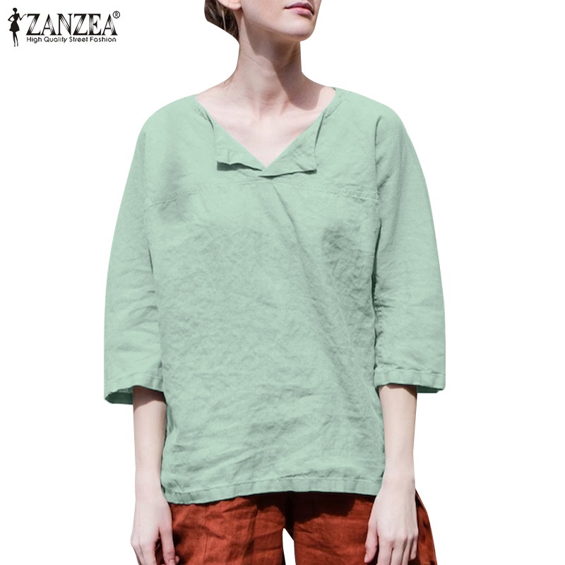 Áo nữ ZANZEA tay 3/ 4 cổ chữ V dáng rộng thời trang châu Âu