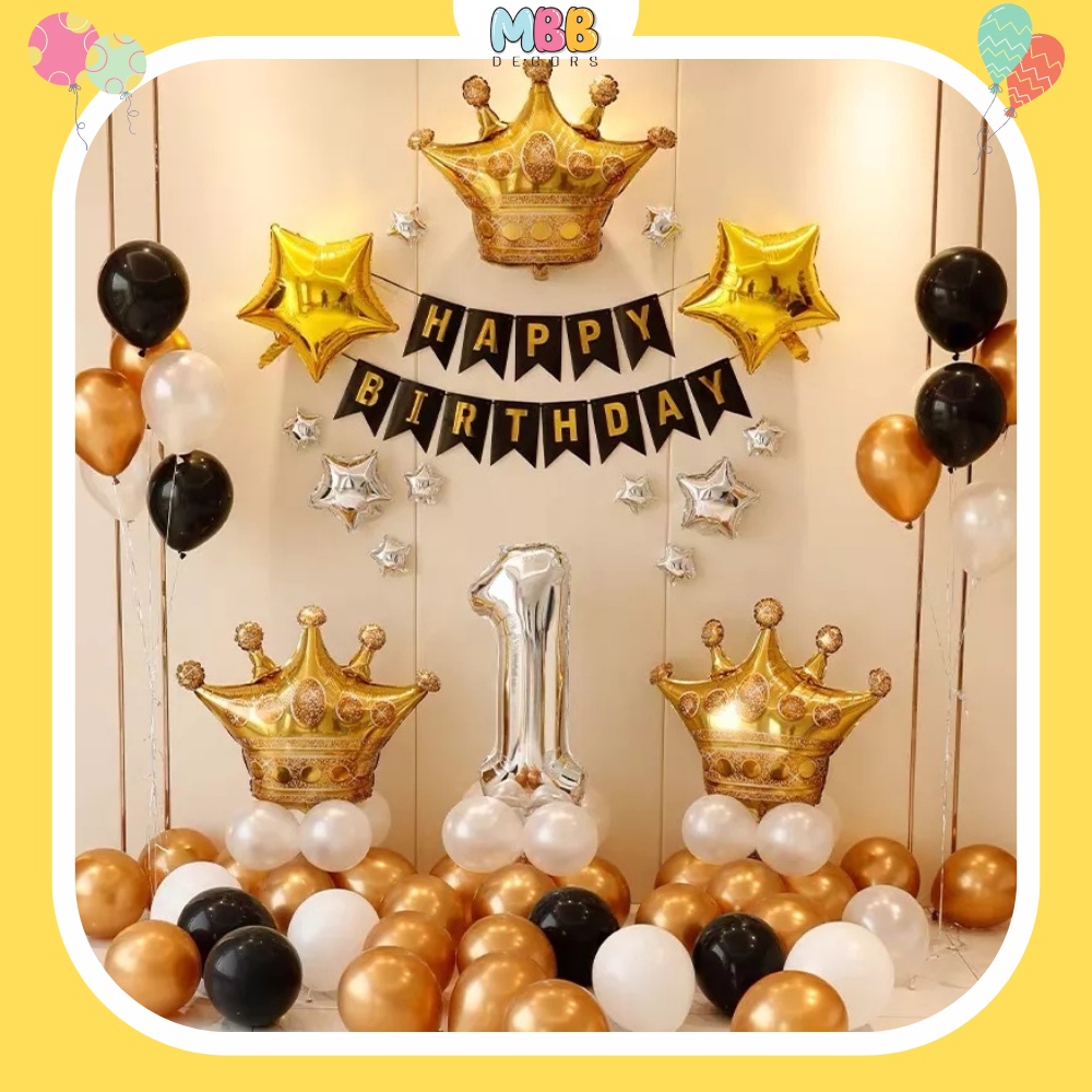 [TẶNG BÓNG SỐ &amp; BƠM, KEO] Set Trang Trí Sinh Nhật Bé Trai Bé Gái Màu Vàng Đen Đầy Đủ Phụ Kiện 0002