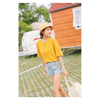 S-1117 Áo Thun Nữ Tay Lỡ Form Rộng Trơn Vàng Nghệ