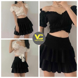 Set áo croptop trễ vai cổ tim và chân váy chất thun lụa mềm mát - VIETCEN