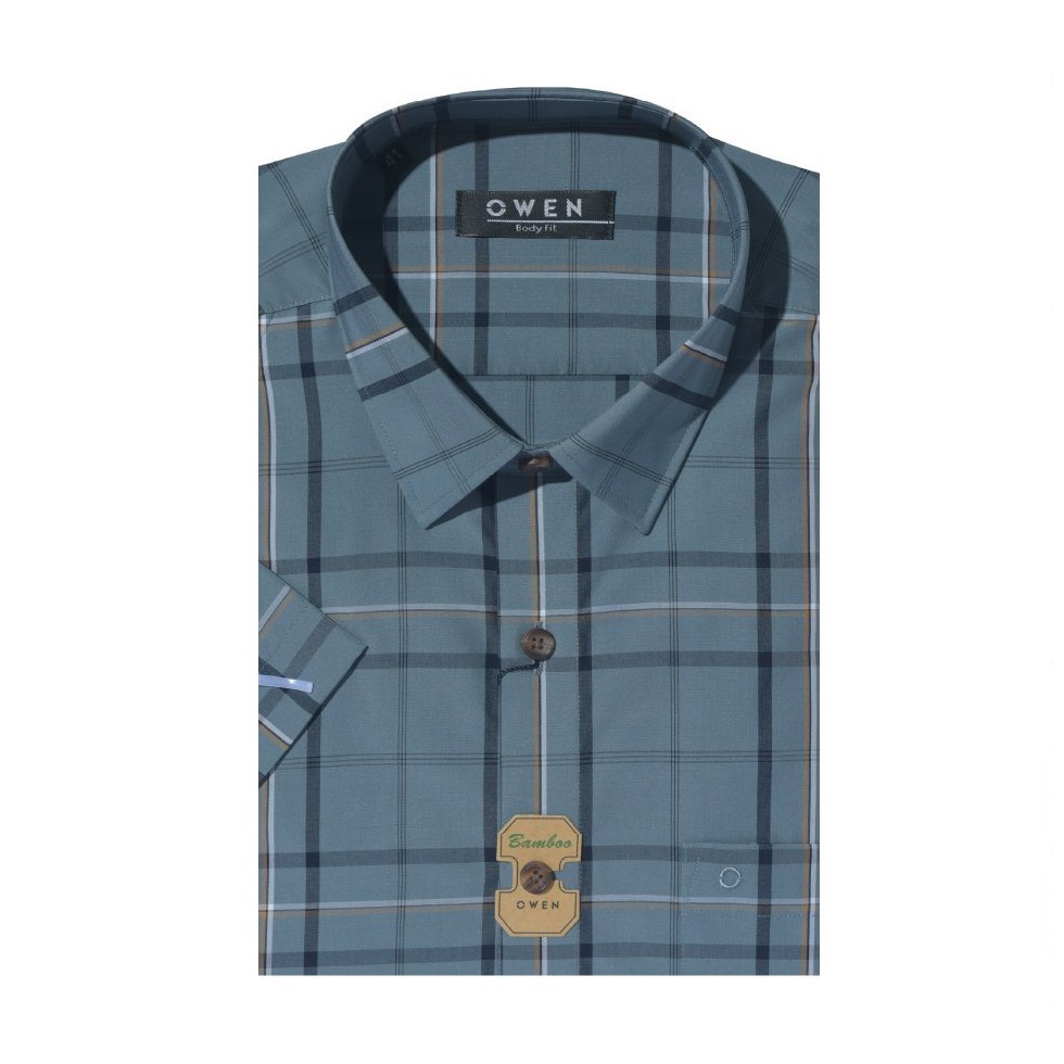 Áo Sơ Mi Nam Ngắn Tay OWEN BA220052NT Somi Công Sở Cao Cấp Kẻ Caro Lớn Xanh Xám Navy Be Vải Sợi Tre Dáng Suông Tà Bằng