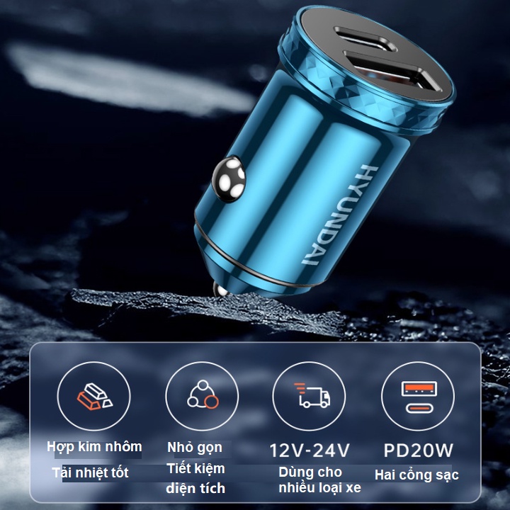 Tẩu sạc nhanh ô tô Hyundai HY-40C tích hợp 2 cổng sạc - HÀNG CHÍNH HÃNG