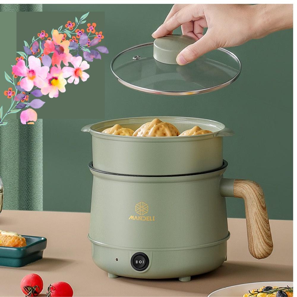 Nồi lẩu điện 2 mini đa năng có tay cầm bằng gỗ chống nóng kèm rổ hấp tiện lợi