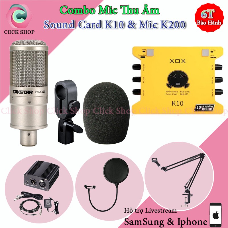 Mic Thu Âm Takstar PC-K200 và Sound Card K10 2020 Chân Kẹp Nguồn 48v với 2 Dây Mic Đem Lại Dàn Karaoke Tiêu Chuẩn