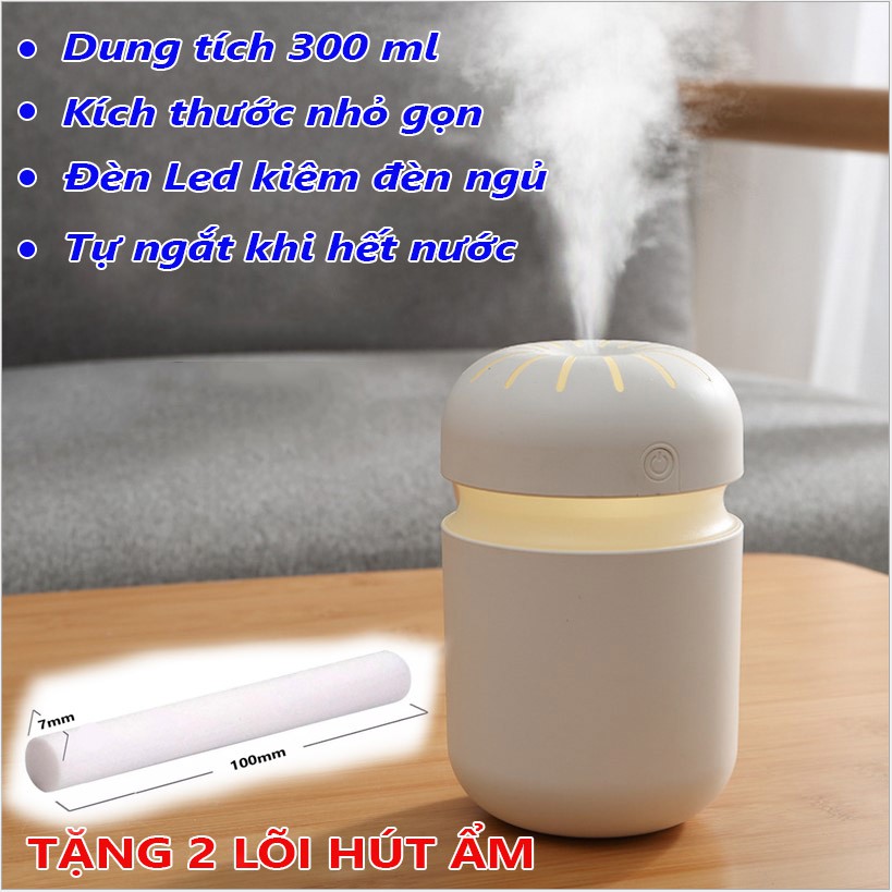 [TẶNG 2 LÕI] Máy Phun Sương Tạo Ẩm Mini T8 Có Đèn LED Làm Đèn Ngủ Dung Tích 300ml, Sạc USB