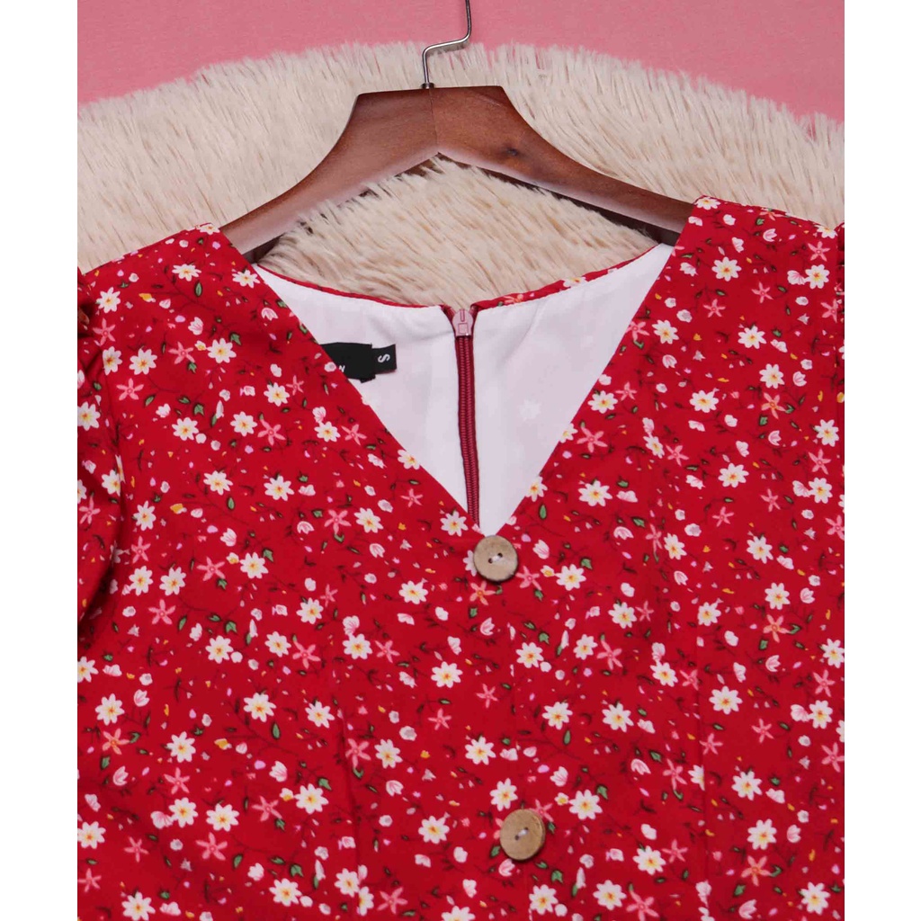 Đầm đỏ xòe hoa nhí vintage thiết kế công sở tay ngắn xinh thời trang bánh bèo đi làm đi chơi eo tôn dáng – Lux W