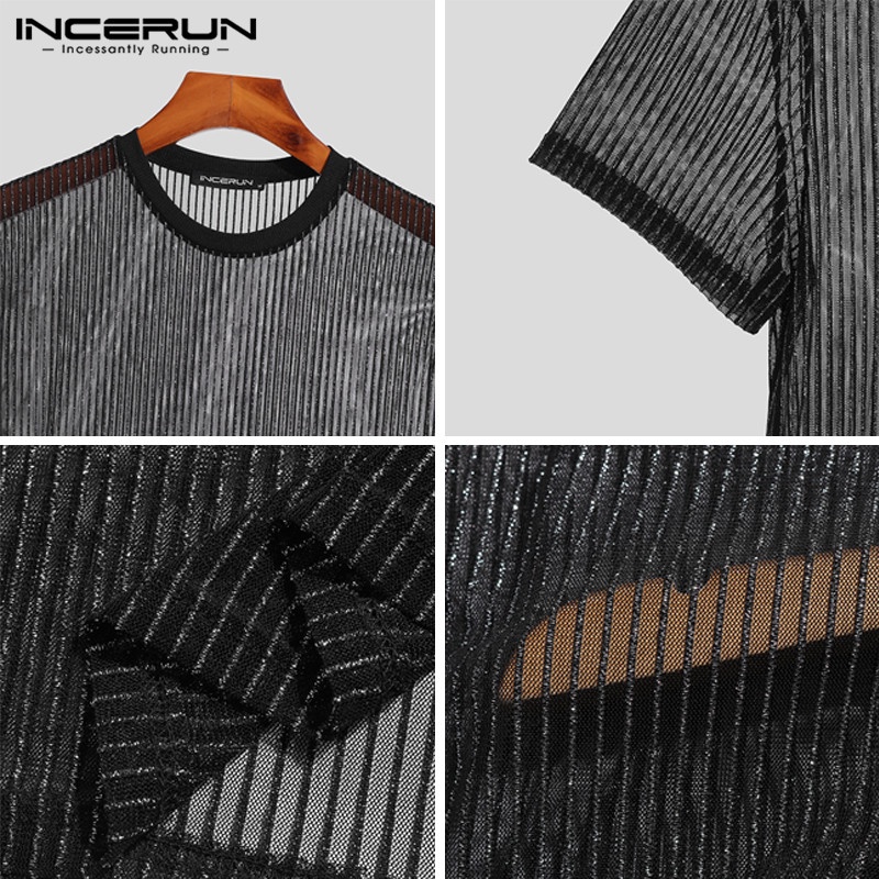 INCERUN Áo Thun Nam Ngắn Tay Họa Tiết Sọc Ngang