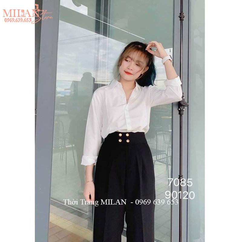 Quần tây nữ đi học lưng cao cúc bấm dáng dài màu đen - Quần vải baggy cạp cao học sinh chất tuyết mưa  mặc công sở đẹp
