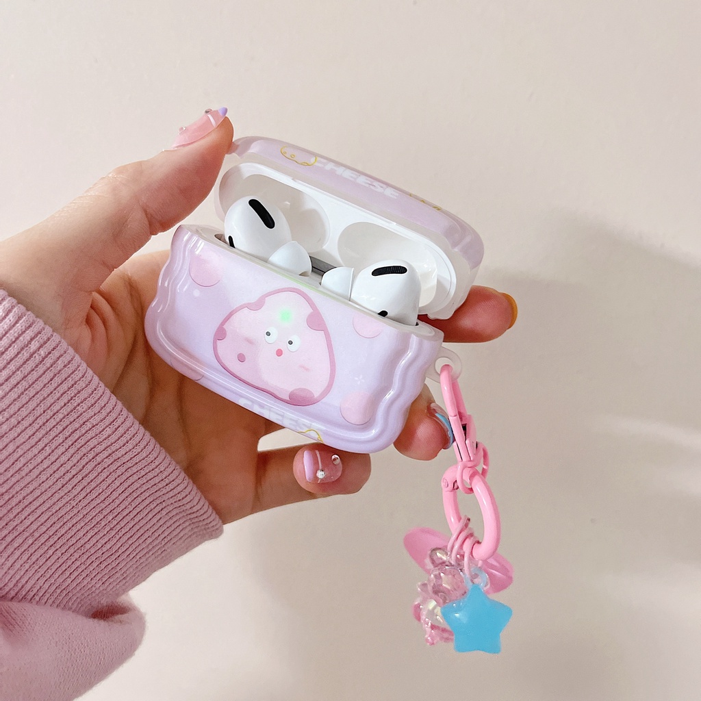 Vỏ Bảo Vệ Hộp Sạc Tai Nghe Bluetooth airpods 1 2 3 pro Bằng tpu Mềm Hình Phô Mai Màu Hồng Imd Có Dây Đeo