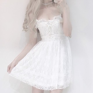 Đầm trắng công chúa tiểu thư ren 2 dây gợi cảm khoét ngực hở vai ulzzang