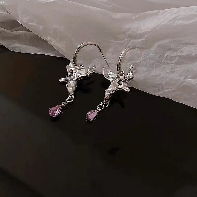 Bông tai chuôi bạc 925 hình bướm bằng kim loại đính đá thời trang 19A1581