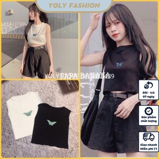 Áo Croptop 3 lỗ hình bướm xanh hai màu đen, trắng