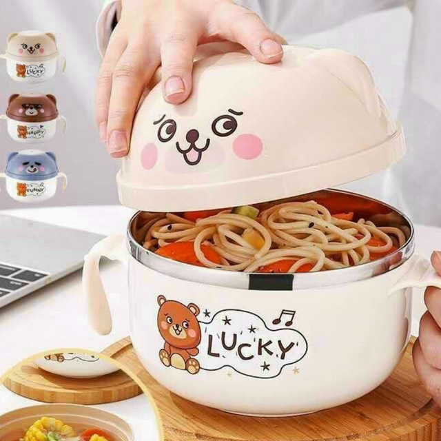 Bát ăn, bát úp mì cute ruột inox có kèm thìa