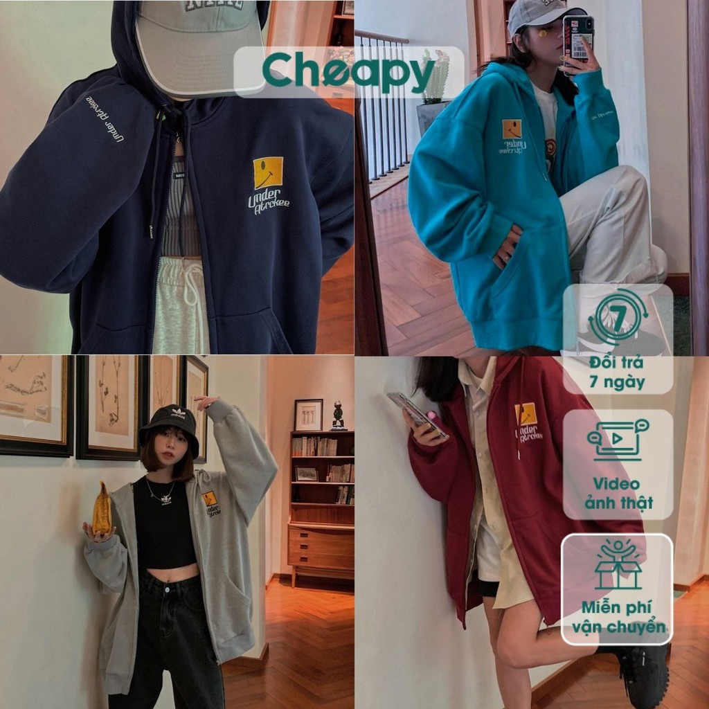 Áo khoác nỉ thêu Mặt Cười Under phom rộng hoodie nam nữ Cheapy ghi xanh đỏ có mũ khoá zip hàn quốc local brand C558 | WebRaoVat - webraovat.net.vn