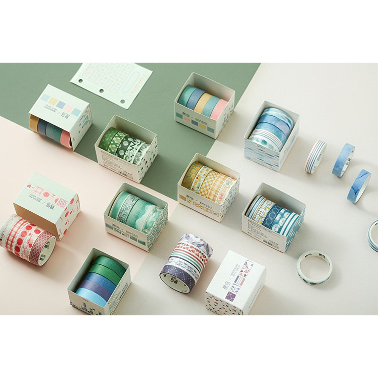 KimiTape Set 5 washi tape nhiều mẫu 10mmx2m băng dính nhỏ trang trí Bullet Journal