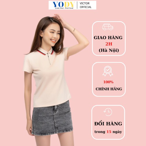 Áo Thun Polo YODY Nữ Khóa Trụ Bo Kẻ Chất Thoáng Mát Mềm Mại, Thấm Hút Mồ Hôi Mã SP APN3876