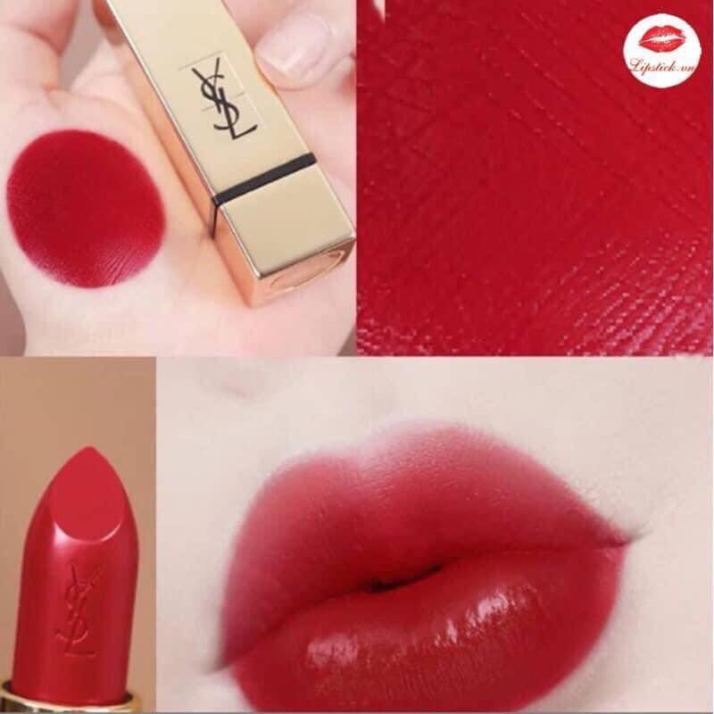 Son YSL mini Rouge Pur Couture màu 21 đỏ ruby  son bám nhẹ trên môi và cảm giác như tiệp vào môi mềm mịn