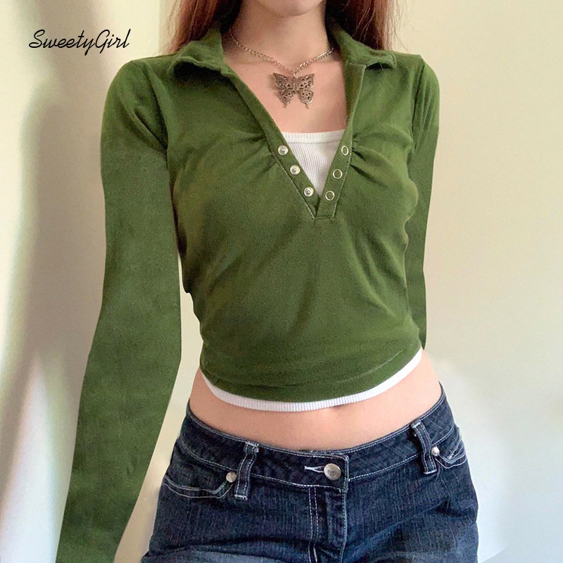 Áo Thun Polo Tay Dài Cổ Chữ V Màu Tương Phản Thời Trang 2022 Dành Cho Nữ