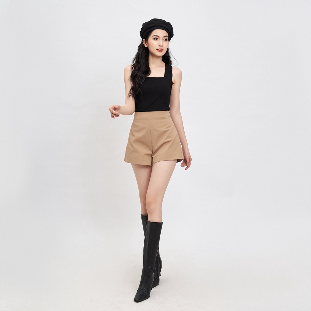 Quần short nữ, quần đùi nữ cạp cao Kaki kéo khóa HECCI màu be năng động Q07