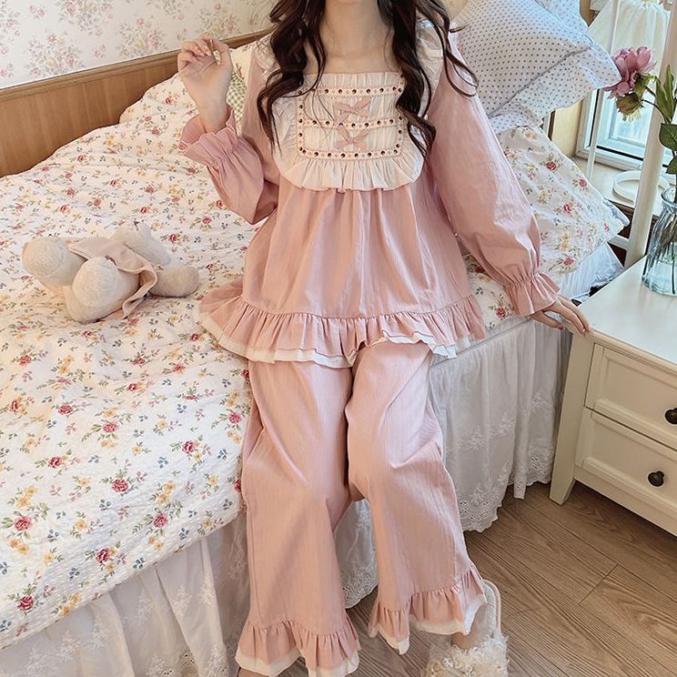 Bộ Đồ Ngủ Tay Dài Cổ Vuông Màu Trơn Dễ Thương Phong Cách Nhật Bản Thời Trang Xuân Thu Cho Nữ