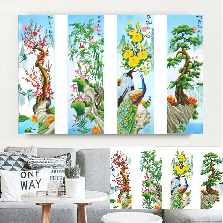 Tranh Đính Đá Tứ Quý Tùng Cúc trúc mai LV340 Kích thước 136cmx90cm