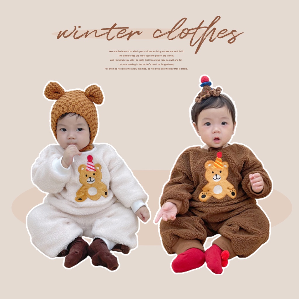 Bộ áo sweater + quần dài giữ ấm họa tiết gấu hoạt hình cho bé