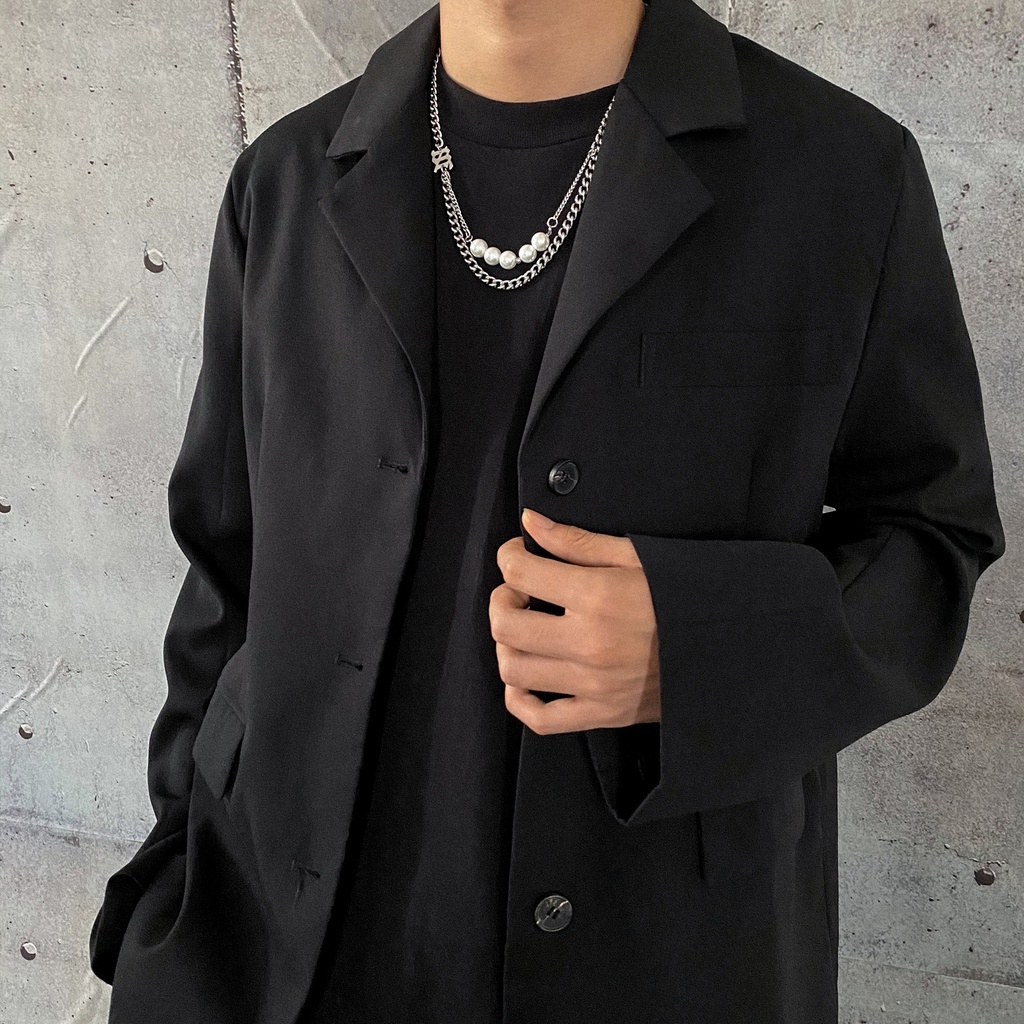 Vòng cổ Hai Lớp Bằng Thép Titan Đính Ngọc Trai Phong Cách Hip Hop Đường Phố Cá Tính