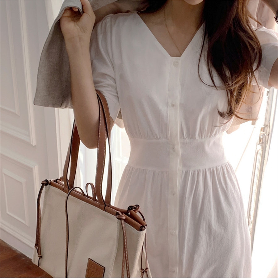 Đầm maxi ngắn tay cổ chữ V màu trơn thời trang 34034