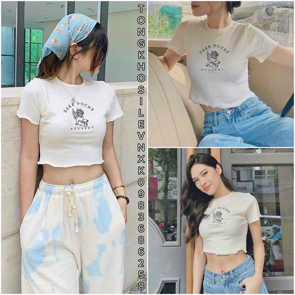 ÁO CROPTOP KẺ THUN GÂN SAKE POCHE - Áo Croptop In Chữ Academy Phông Thun Nữ Ngắn Tay Dáng Ôm Body Cuốn Biên