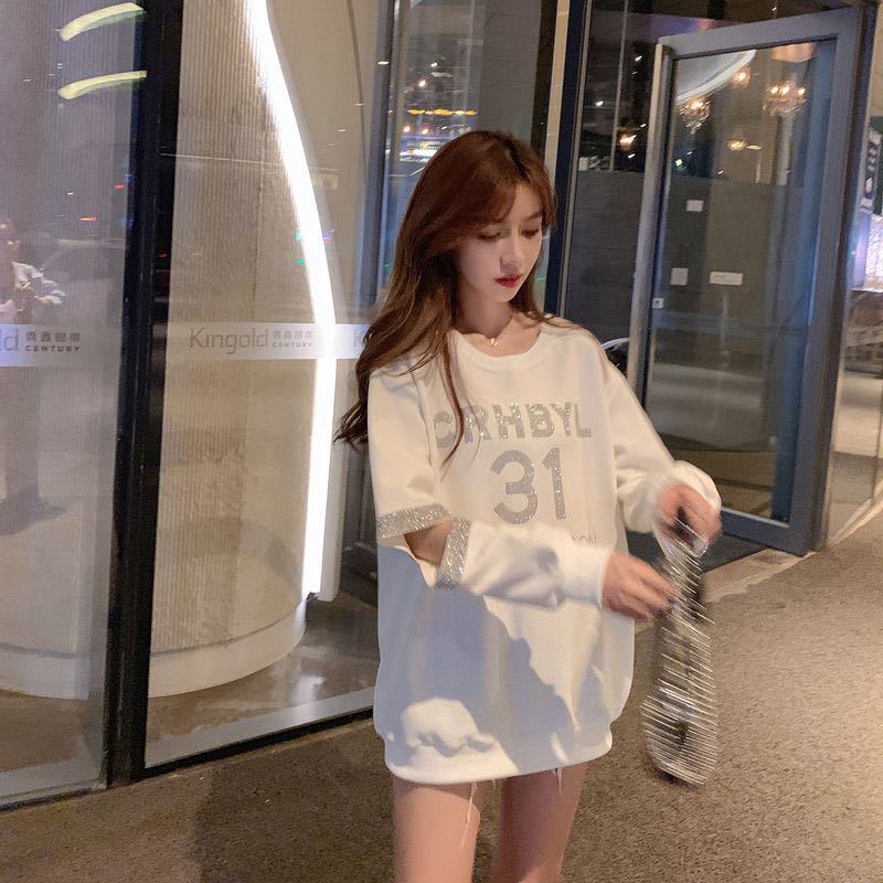 Áo Sweatshirt Khoét Lỗ Dáng Rộng Tay Dài Lấp Lánh Phong Cách Hàn Quốc Thời Trang Mùa Thu Cho Nữ