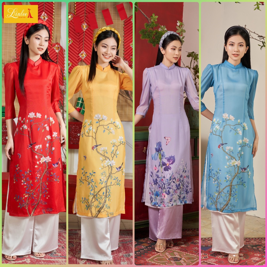 Áo dài voan 🎀FREESHIP🎀Áo dài phối hoa nổi bật ao dai cach tan