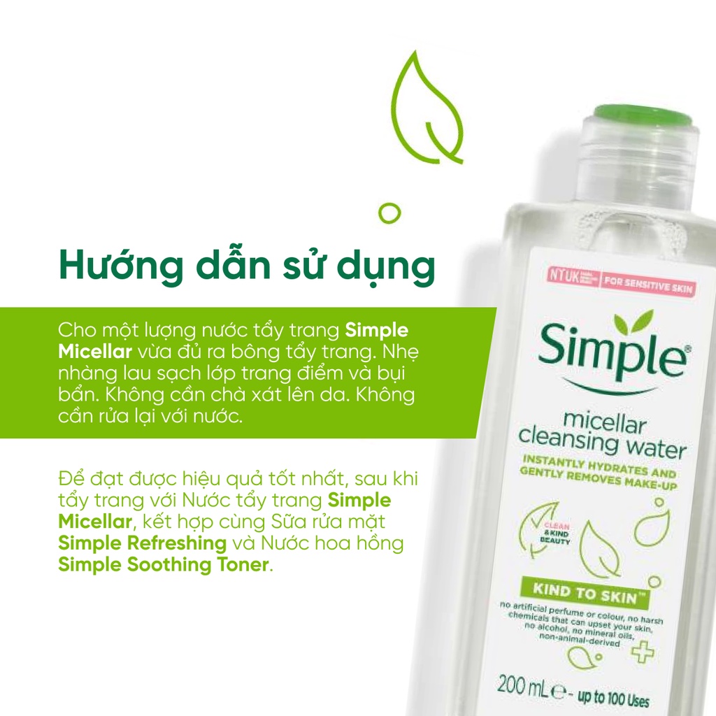 Nước tẩy trang Simple Micellar 30Shine phân phối chính hãng 200ml làm sạch vượt trội không chứa cồn gây khô rát