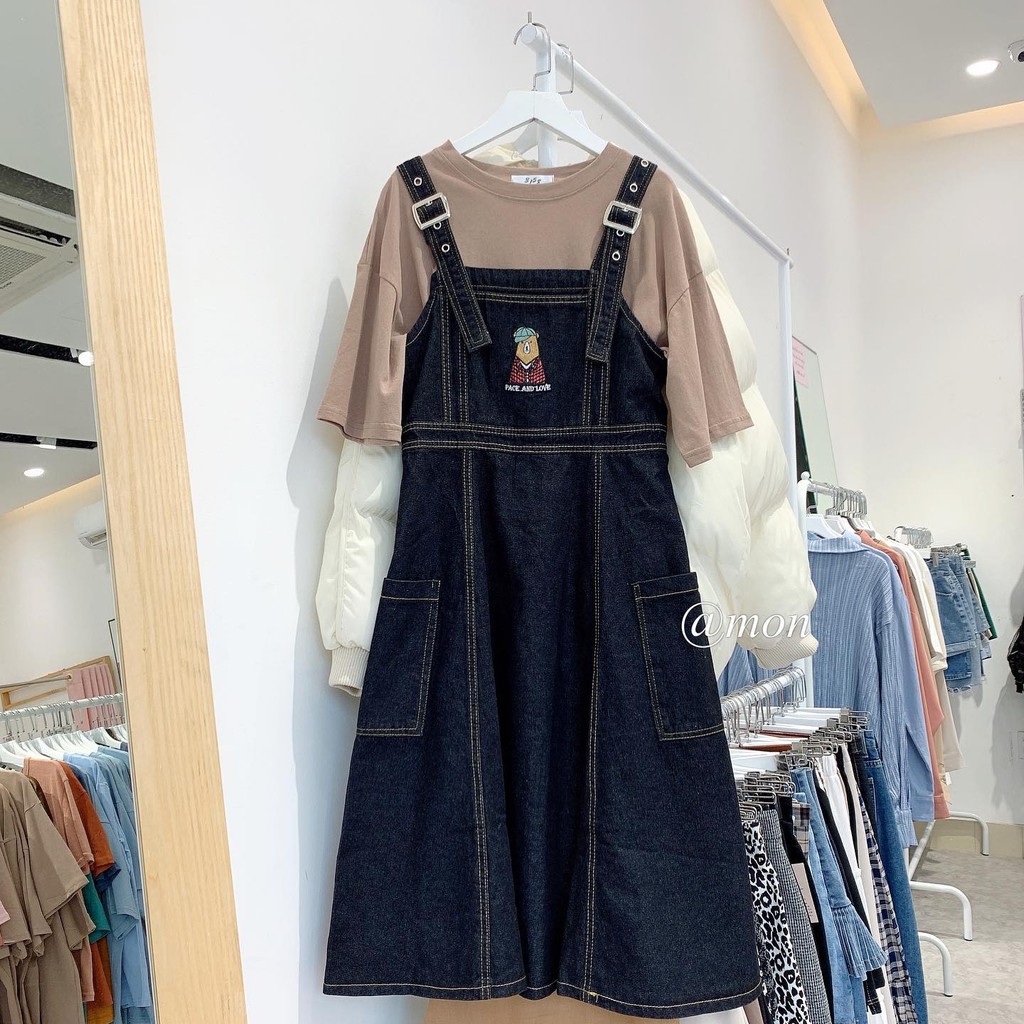 2101547 Yếm váy jeans cho nữ ulzzang dáng xòe hình thêu gấu béo