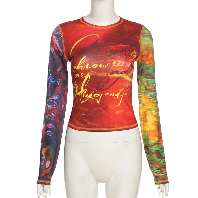 DUNEA Áo thun tay dài cổ tròn in họa tiết thời trang trẻ trung cho nữ