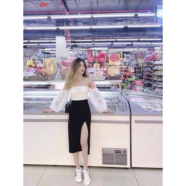 [ HÓT] Set Váy trễ vai chân váy xẻ điệu đà Zadola fashion Áo voan mịn chân váy da cá lạnh