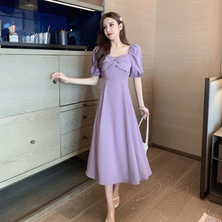 Đầm ngắn tay,đầm ngắn tay dáng rộng,đầm dự tiệc - New sweet fairy fairy square bow tie French classic purple dress