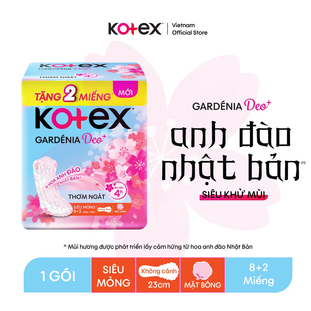 Băng Vệ Sinh Kotex Gardenia Deo + hương hoa anh đào, mặt bông, siêu mỏng không cánh, gói 8+2 miếng