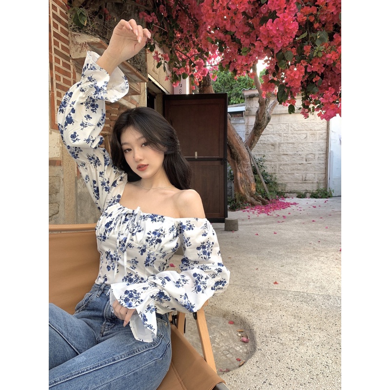 Áo Kiểu Tay Phồng Cổ Vuông In Họa Tiết Ngọt Ngào Cho Nữ