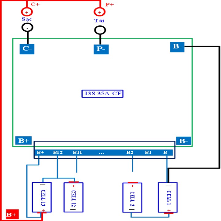 Mạch 13S 48V 35A, sạc và bảo vệ pin Li-ion 3.7V, 13 cell nối tiếp