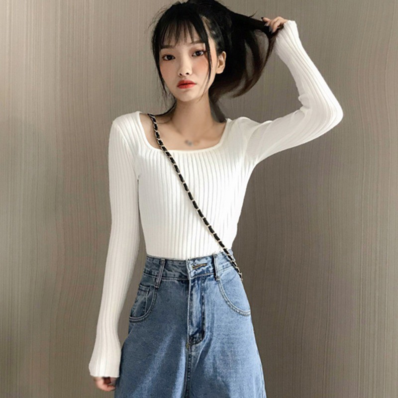 Áo Dệt Kim Tay Dài Cổ Vuông Màu Trơn Thanh Lịch