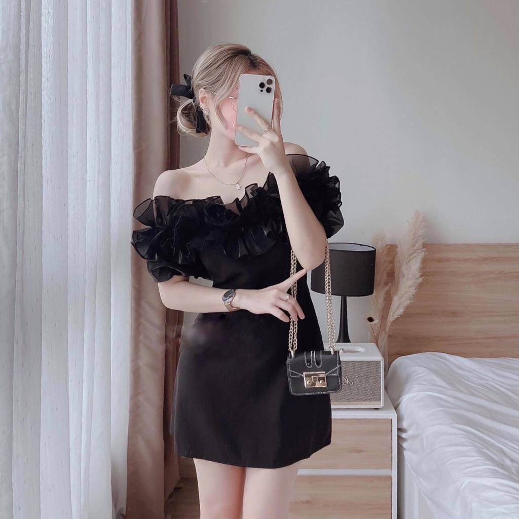 🍀 VÁY đầm nữ trễ vai PHỐI TƠ BÈO HAI LỚP ôm eo dáng chữ A ngắn sang chảnh công sở dự tiệc đám cưới sexy