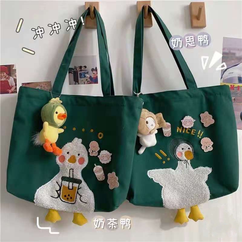 Túi Đeo Vai Vải Canvas Cỡ Lớn In Hình Vịt Hoạt Hình Phong Cách Hàn Quốc Dễ Thương Cho Học Sinh