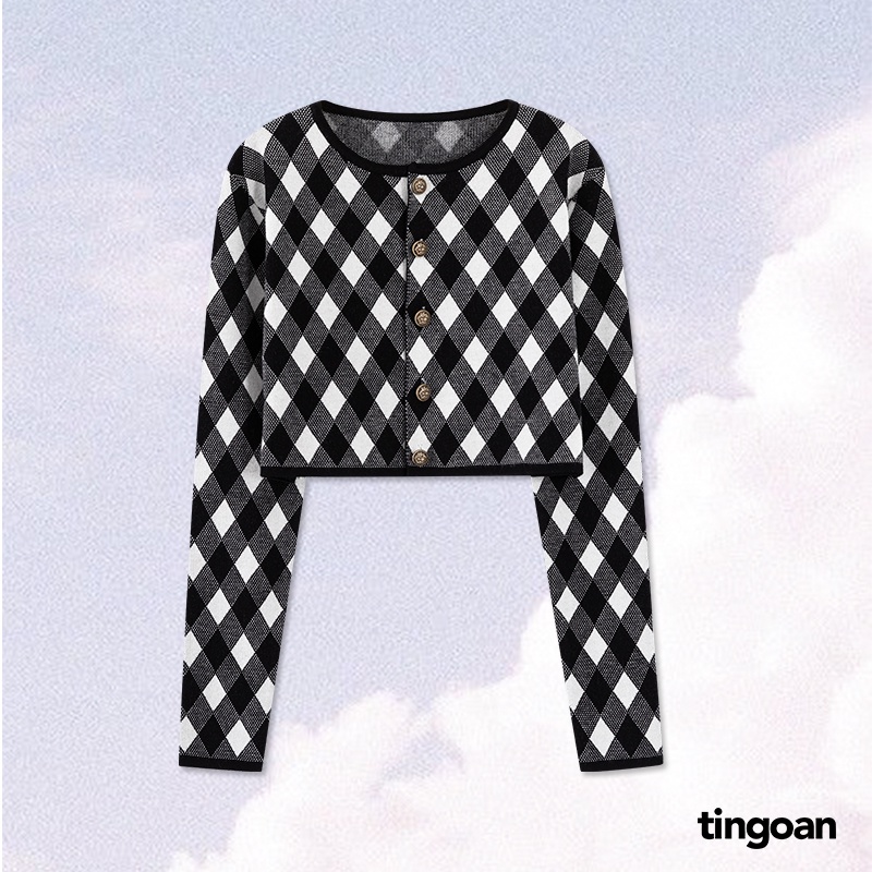 TINGOAN® - Áo cardigan len xù crop kẻ quả trám tặng kèm áo hai dây đen LOVE YOU BACK CARDIGAN/BL