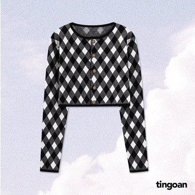 TINGOAN® - Áo cardigan len xù crop kẻ quả trám tặng kèm áo hai dây đen LOVE YOU BACK CARDIGAN/BL phiên bản T6.2026