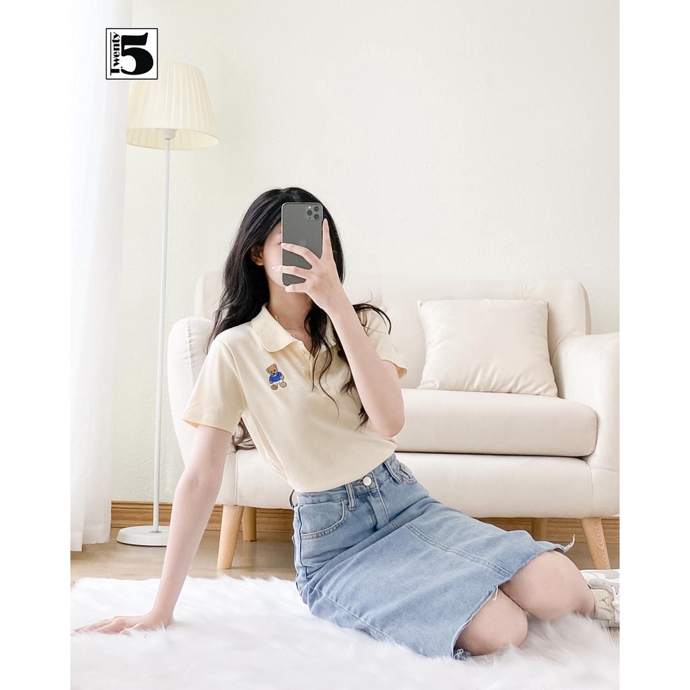 Áo thun polo nữ croptop thêu gấu nhỏ Twentyfive 3799M