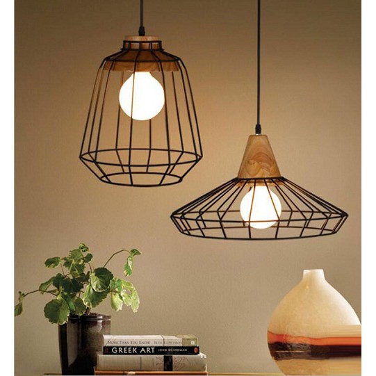 Bộ 3 Đèn thả lồng sắt đuôi gỗ dáng xòe hoa/ Hình trụ - Chưa bao gồm bóng - Bảo hành 12 tháng