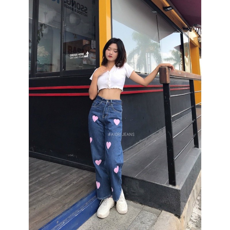 Quần Jeans Nữ - Quần Jean Nữ Chất Cotton Không Giãn, Họa Tiết In Trái Tim Hồng, Ống Rộng Cao Cấp