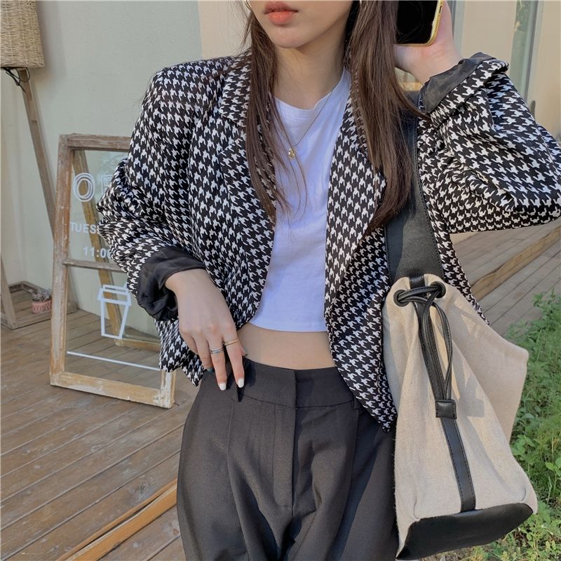 IMAODOU Women's suit jacket Korean version of the houndstooth design niche small fragrance style is thin temperament autumn small suit short style